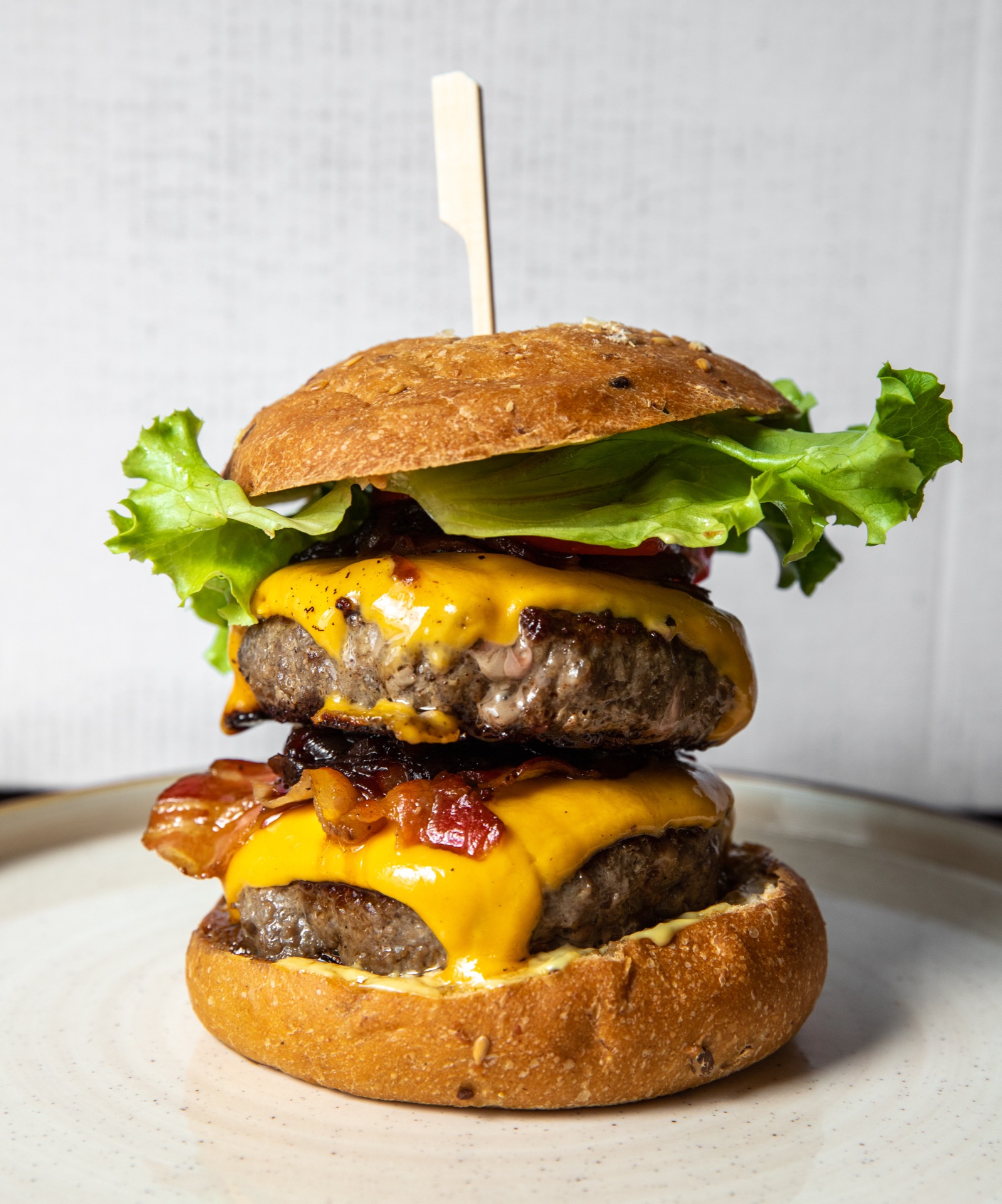 Gourmet double cheeseburger, close-up
